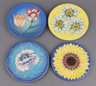 Sally Tuffin for Dennis Chinaworks, 4 limited edition floral plaques - tulips no.9, sunflowers  no. 99, daffodils no. 21 and blue poppy no.4 , all 15cm 