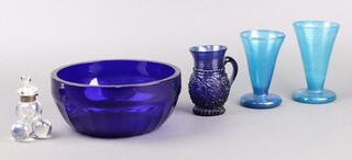 A circular Bristol blue glass bowl with panel decoration 21cm, a bubble glass inkwell with hinged lid formed from 4 balls 9cm, 2 turquoise glasses 13cm and a blue glass jug 11cm 