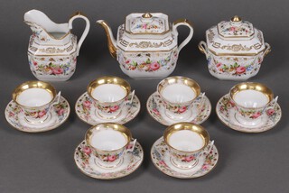 A 19th century Continental porcelain 15 piece floral decorated tea service comprising rectangular teapot (star crack to base), twin handled sucrier (firing crack to interior), milk jug, 6 cups and 6 saucers  