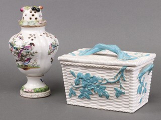 A 19th century Samson, floral decorated porcelain pot pourri vase 20cm, base with anchor mark, together with a rectangular jar and cover in the form of a twin handled basket 11cm 