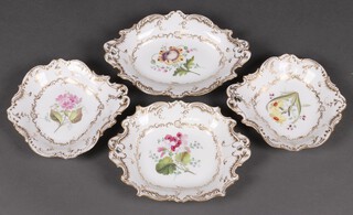 A 4 piece Derby style floral decorated and gilt banded porcelain dessert service,  comprising oval dish, rectangular twin handled dish and 2 shaped dishes (1 riveted) 