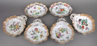 A 19th century Derby style 6 piece floral and gilt decorated fruit service comprising 4 scallop shaped dishes (2 damaged), 2 oval bowls 