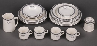 A 1930's 26 piece Bristol Vitrite dinner service marked York Lodge Brighton with chequer board banding, comprising 4 dinner plates, 4 side plates (1 chipped to rim), 4 soup bowls (2 ring flat), 4 pudding bowls (1 rings flat), jug and preserve jar, 4 tea plates, 4 tea cups