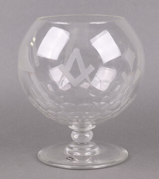 Masonic, a 19th century etched glass bowl/rummer decorated square, compasses, sun, moon, plumb roll, level and 24" gauge, raised on spreading foot 24cm h x 19cm diam. 