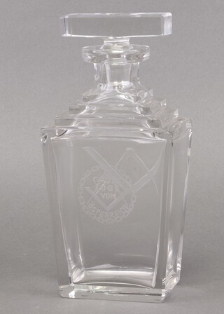 Masonic, a keystone shaped cut glass decanter with stepped collar etched Gross Lodge Von Osterreich and decorated square and compasses, the base signed Leeb '96, 25cm 