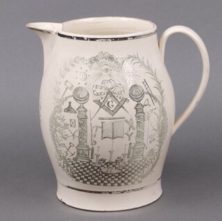 Masonic, a 19th century cream glazed  jug with monochrome decoration of square and compasses, trowel, gavel, ladder, columns 23cm 