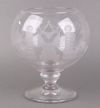 Masonic/Royal Arch, an 18th century etched glass bowl decorated square, compasses, column, acacia, arch and working tools 23cm h x 15cm diam.  