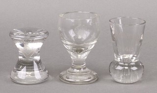 Masonic, a waisted glass gavel etched Isaac Newton University decorated square and compasses and marked 859 8cm, a firing glass etched Cripplegate Lodge no. 1613 and  a firing glass etched square, compasses and moon 