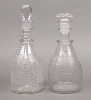 Masonic, a Georgian ring neck club shaped decanter etched square, compasses, pillars, serpent, standing figure, 28cm (chips to stopper), together with 1 other etched radiant suns, square, compass, moon and temple with replacement stopper (stopper chipped) 25cm 