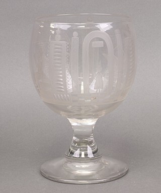 Masonic, a 19th century punch bowl/rummer, decorated columns, square, compasses, VSL, working tools and figures 22cm 