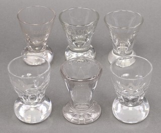 Masonic, a 19th century firing glass - Fitzroy Lodge no. 830, 5 other firing glasses - Bedford Lodge no. 183 etched square, compasses, level, plumb roll and past masters collar, Royal Order of Scotland Prov. GL S.C of E 1915 and Anderida Lodge no. 2434, 2 etched square and compasses 