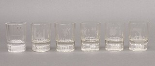 Masonic, 4 various 19th century etched glass gambling tumblers, the base of each with 3 dice, all decorated Masonic symbols, triangle with all seeing eye, square, compasses, spring of acacia, plumb roll and 2 others, 1 marked Last Droop and 1 marked Man's Ruin   