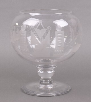 Masonic/Royal Arch, a pedestal glass punch bowl/rummer with square and compasses, coffin, sprig of acacia, working tools 24cm 