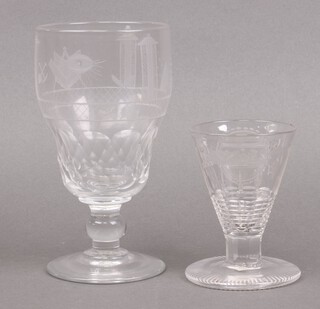 Masonic, an 18th/19th century etched waisted glass decorated working tools, columns 12cm and 1 other decorated square, compasses, beehive, crossed working tools and all seeing eye 20cm 
