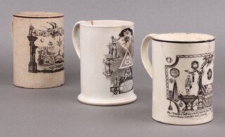 Masonic, an 18th century creamware transfer decorated tankard marked Independent Lodge AD 1789 15cm (cracked in 2 places, chips to base and rim), together with 2 others, 1 with monochrome transfer decoration of the ancient apprentice song, figures of faith, hope and charity, 15cm (cracked) the other ancient apprentice song, Noah's ark, pillars, radiant sun and standing figures 