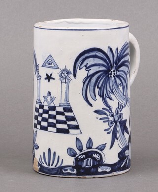 Masonic, a Delft pottery tankard decorated square, compasses, pillars, chequered pavement 13cm, the base signed 14cm 