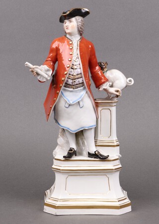 Masonic, a Meissen porcelain figure of a standing Mason with apron, scroll and pug by a pillar, the base with crossed sword mark, 334 85, 28cm 