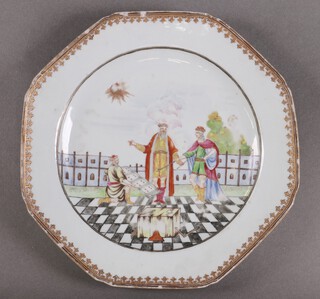 Masonic, a rare Chinese export plate, circa 1770, decorated with a Masonic scene of 3 figures around a cubic stone looking at plans with Masons tools around them, 22.5cm diam. (possibly designed from an engraving by Benjamin Cole) 