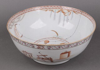 Masonic, a Chinese export punch bowl, the centre decorated pillars and globes, the interior with crescent moon, radiant sun, 7 stars, the exterior with plumb roll, level, square, compasses, beehives, perfect ashlar and other symbols 28cm 