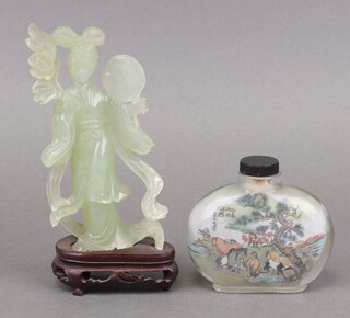 A carved and pierced hardstone figure of a standing lady 16cm together with an interior painted snuff bottle decorated horses 9cm x 10cm 