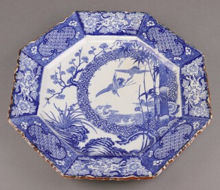 A Japanese octagonal blue and white charger decorated cranes 43cm 