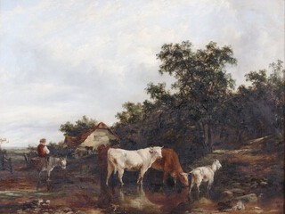 British School, Landscape with Cottage, Cattle Watering, Goat, and a Figure on a Donkey, 19th century oil on canvas, Christie's stencil verso, 44cm x 58cm, within a gilt composition frame. Provenance: Christie's "English Pictures", 1st March 1985, lot no.70.	
