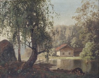 Christian Delphin Wexelsen (1830-1883),  Norwegian Landscape with Cottage beside a Lake, 19th century oil on canvas, inscribed verso, 14cm x 18cm, within a gilt composition frame.	