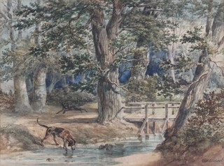 Ernest Henri Griset (1844-1907), A Foxhound Watering at a River, 19th century watercolour, signed, 23cm x 31cm, within a gilt frame.