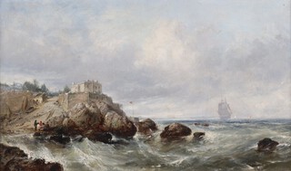 Edwin Hayes (1819-1904), Coastal Landscape, probably St Catherine's Island, Tenby, Wales, 19th century oil on canvas, Christie's stencils verso, 28cm x 48cm, within a gilt composition frame.