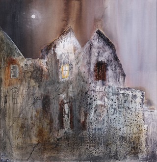 Colin David Kent (b.1934), Moonlit Cottages, late 20th/early 21st century mixed media with oil, acrylic and ink on paper, signed, 40cm x 39cm, within a silvered frame.