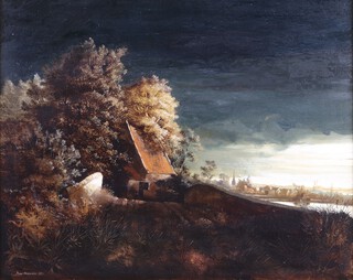 Peter Newcombe (b.1943), "The Bridge, Evening", oil on canvas, signed and dated 1973, 44cm x 54cm, within a gilt frame.