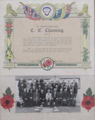 Royal British Legion award certificate commemorating the service of their president, Wing Commander Charles Edwin Channing A.F.C., 38cm x 30cm, within a gilt frame.	