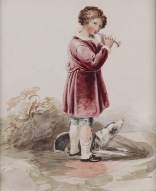 British School, Child with a Flute in a Landscape with a Collie Dog, 19th century watercolour, inscribed "Sophia Western" verso, 20cm x 17cm, within a gilt composition frame.