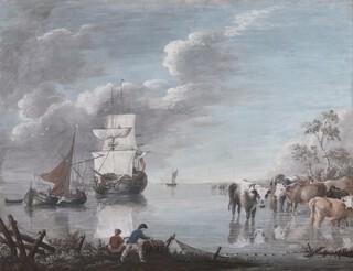 Dutch School, Cattle watering and Shipping on a River, 19th century watercolour with gouache, 45cm x 58cm, within a gilt composition frame.