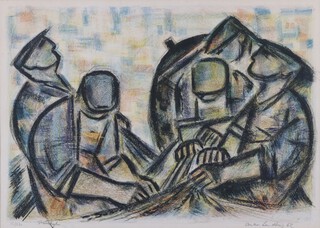 Anker Landberg (1916-1973), Fishermen mending Nets, 20th century lithograph in colours, signed and editioned 15/22 in pencil, 43cm x 60cm, within a stained wood frame.