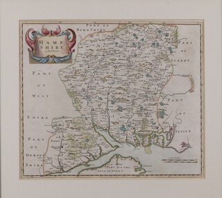 Robert Morden, "Hampshire" (Map of the County), 18th century engraving with hand-colouring on laid paper, 36cm x 42cm, within an ebonized frame.	