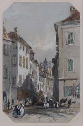 Edward Lear (1812-1888), "A Street Scene in Vevey, Switzerland", watercolour, inscribed and dated 1837, 28cm x 18cm, within a stained wood frame. Provenance: Christie's 8th July 1997, lot no.76.