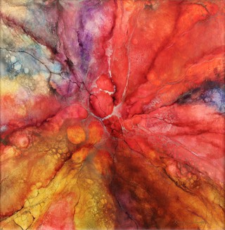 Kerry Darlington (b.1974), "Abstract Mixed Colours", 21st century acrylic with resin on board, signed recto, titled Buckingham Fine Art label verso, 87cm x 87cm, within a painted wood frame.	