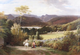 William Frederick Witherington (1785-1865), Landscape with Distant Mountains and Figures on a Road, early 19th century oil on canvas, signed, 75cm x 109cm, within a gilt composition frame.