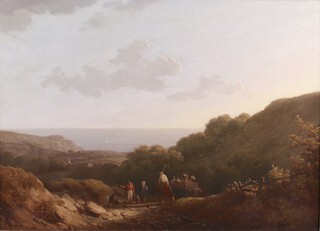 John Landon (fl.1798-1827), Landscape with Figures and Distant Coastline, early 19th century oil on canvas, signed, 65cm x 90cm, within a gilt frame.