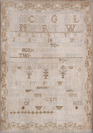 A sampler by Mary Clout with letters of the alphabet and numbers and verse in horizontal formation, enclosed in a floral border, dated 1772, 42cm x 30cm, within an ebonized frame.
