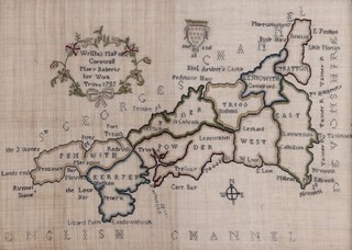 An 18th century needlework sampler "Wrightâ€™s map of Cornwall" by Mary Roberts of Truro, dated 1785 recto, label with further details verso, 37cm x 52cm, within an ebonized and gilt frame. Note: a rare single county sampler map worked at Miss Warren's Ladies Boarding School, the Green, Truro. Two other "Wrightâ€™s map of Cornwall" samplers are known, both bearing a Miss Warren's School inscription.