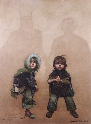 Craig Davison (b.1965), "The Bat Signal, Time to Act", giclee colour print on canvas, signed and editioned 83/95 recto, titled Washington Green label verso, 60cm x 44cm, within a stained wood frame.