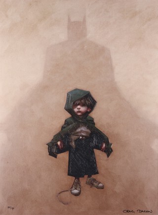 Craig Davison (b.1965), "You Called, Commissioner Gordon", giclee colour print on canvas, signed and editioned 83/95 recto, titled Washingotn Green label verso, 60cm x 44cm, within a stained wood frame.