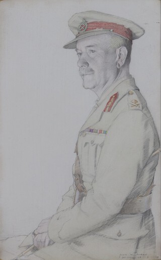 John MacDonald Aiken (1880â€“1961), Portrait of Major General Sir Philip C. Palin (1864-1937) at Beit Nabala, Palestine, pencil with watercolour, signed inscribed and dated 23rd March 1918 recto, sitter identified verso, 49cm x 31cm, within a stained wood frame.	