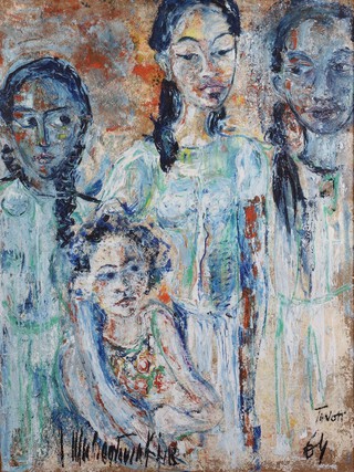 North African School, Portrait of Four Girls, 20th century oil on board, indistinctly signed and dated '64, 100cm x 76cm, within a stained wood frame.