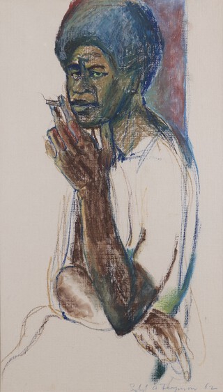 Sybil Alice Ferguson (b.1911), Polynesian Figure Smoking, 20th century pastel, signed and dated '62, 57cm x 33cm, within a stained wood frame.