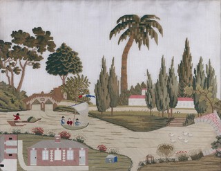 French School, Le Vasseur, Figures in Boats on a Lake, needlework, signed and dated 1857 to label verso, 45cm x 57cm, 45cm x 57cm, within a gilt frame.