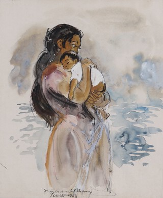 Tahitian School, Study of a Woman with a Baby, 20th century watercolour with ink, indistinctly signed, inscribed and dated 1963, 35cm x 29cm, within a stained wood frame.