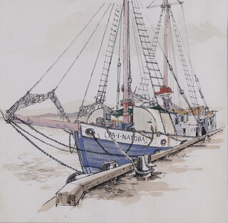 Polynesian School, Ta-I-Natoba Sailing Vessel at a Quay, 20th century watercolour with ink, 38cm x 38cm, within a stained wood frame.